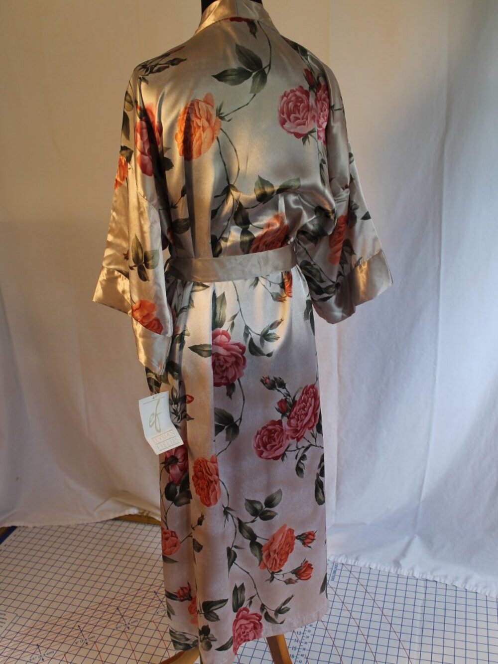 Vintage 90s Elysian Fields Taupe Robe Cabbage Rose NWT Deadstock Large - Picture 3 of 9